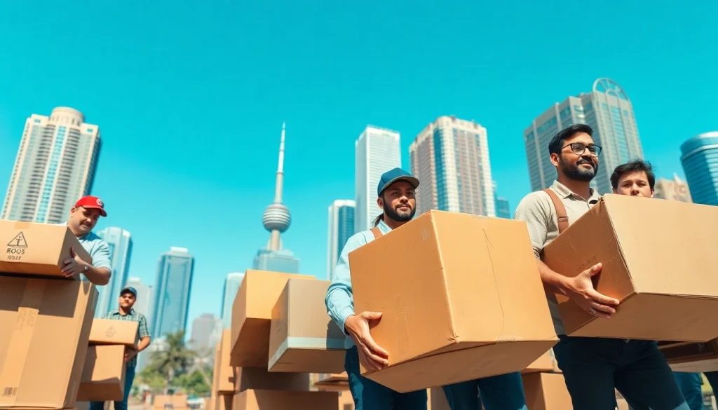 Efficient movers from a Toronto moving company handling furniture in a vibrant urban environment.