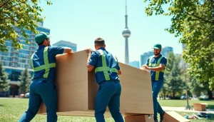 Movers providing Toronto moving services with professionalism amid the city skyline backdrop.