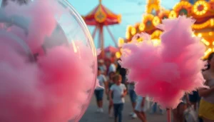 Geniet van wafel katoen die kunstig gemaakt wordt in een levendige kermisomgeving.