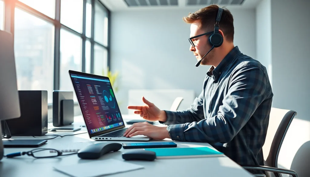 Providing expert computer support in a modern office with a technician and client.