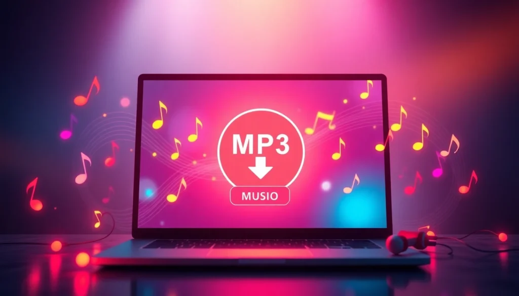 Discover the latest MP3 downloads with a vibrant image illustrating music notes and digital technology.