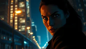 Strong female protagonist in a suspenseful clean thriller urban scene, exuding determination and intrigue.