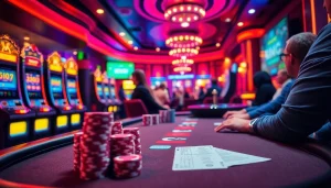 Experience the thrill of gameplay at https://kjc.uk.com/ with poker chips, cards, and slot machines creating vibrant action.