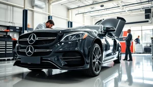 Professionelle mercedes werkstatt berlin west mit Mechanikern, die an Luxusfahrzeugen arbeiten