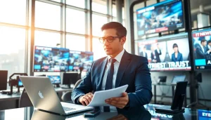 Engaged news journalist working in a modern digital newsroom for suntimesnews.com.