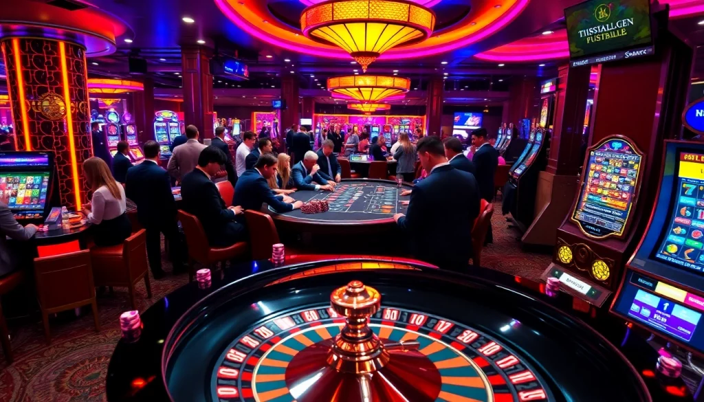 Experience the excitement of Trực Tiếp Bóng Đá EU as players engage in thrilling poker games amidst vibrant casino lights.