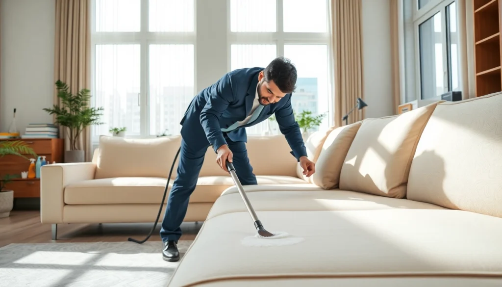 Sofa cleaning Dubai service being performed in a modern living room with natural light.