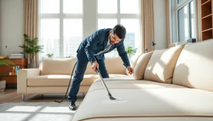 Sofa cleaning Dubai service being performed in a modern living room with natural light.