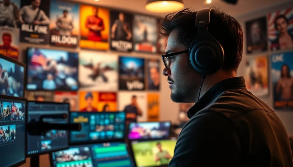 Creating dynamic Video Production in a professional editing studio with monitors and film posters.