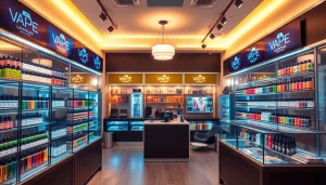 Vap shop mit modernen Vape-Geräten und ansprechenden E-Liquids in stilvollem Ambiente.