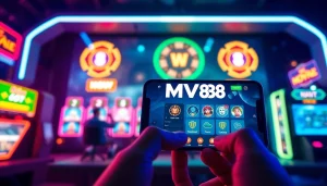 MV88 logo on a smartphone in a vibrant gaming interface, showcasing online gaming reliability.
