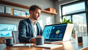 Strategist analyzing marketing data at a desk on https://eztips.com with vibrant infographics.