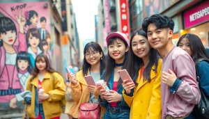 Fans celebrating K-pop culture at https://www.kpopangel.com with vibrant outfits and merchandise in an urban setting.