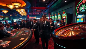 Experience thrilling gameplay at KJC AC casino with lively players around a blackjack table and roulette wheel.