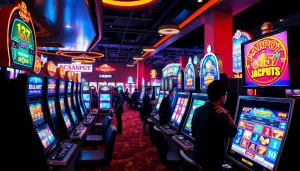Menggambarkan suasana casino online bos88 dengan slot machine dan pemain yang tersenyum.