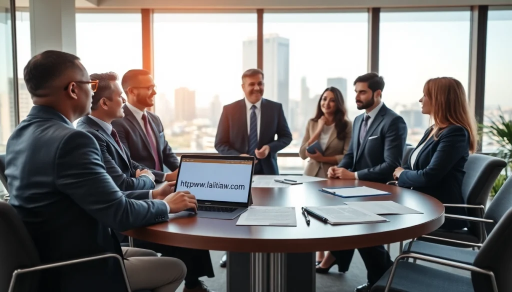 Team of legal professionals discussing strategies at https://www.lalitlaw.com in a modern office.