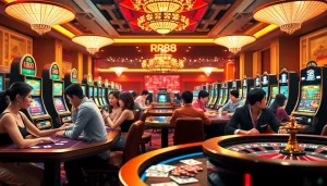 Experience the excitement of RR88 through diverse players engaging at sleek casino tables.