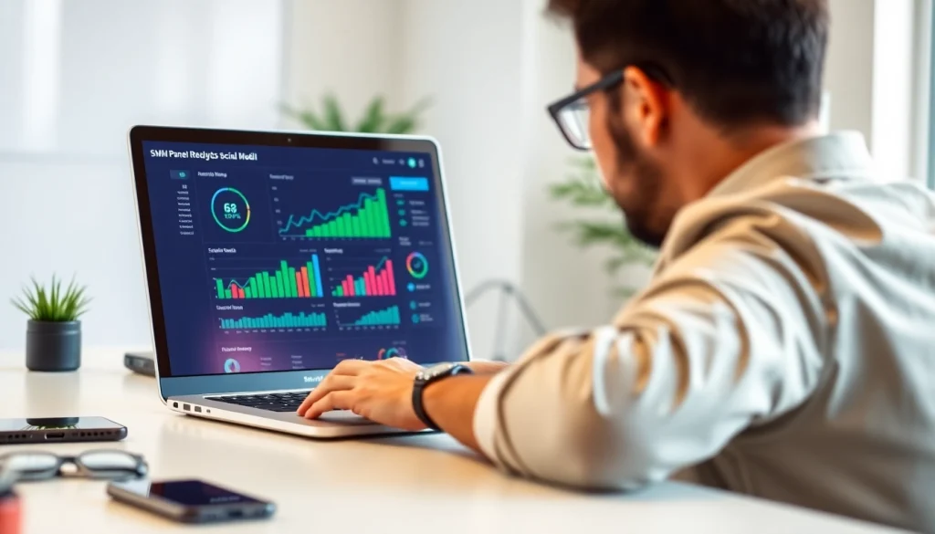 Analyzing metrics on an smm panel dashboard in a modern workspace with colorful charts.