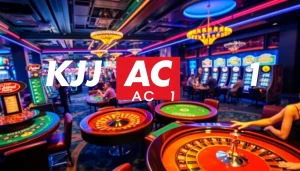 A lively casino scene featuring KJC AC 1, showcasing roulette wheels, poker tables, and slot machines for a thrilling gaming experience.