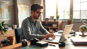 View of a professional workspace by travelingossip.com, showcasing travel memorabilia and a blogger at work.