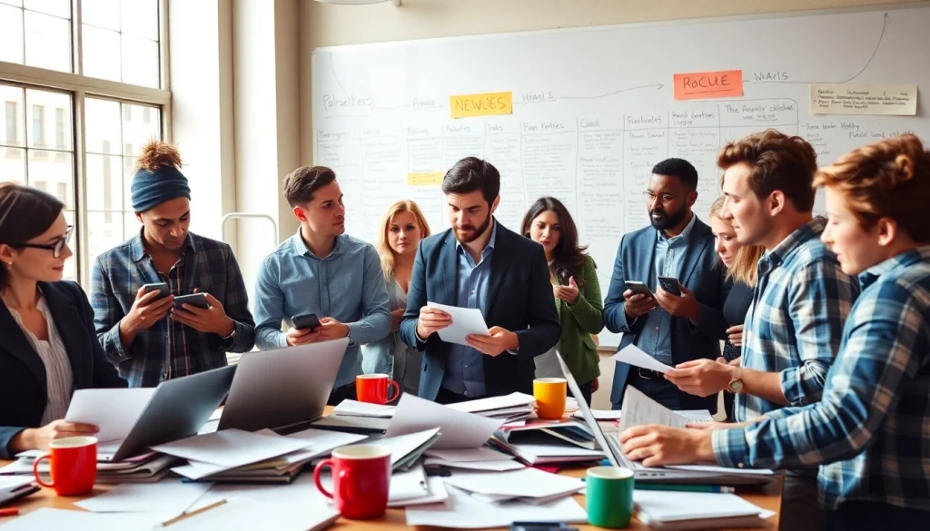 Journalists collaborating in thephoenixnewspaper newsroom, showcasing teamwork and creativity.