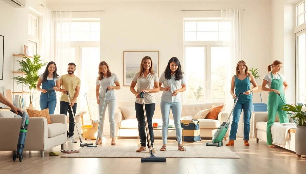 Cleaning Service team efficiently working together in a bright home environment.