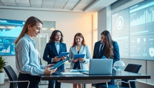 Совремственный офис страхования с цифровыми технологиями, продвинутой безопасностью и специалистами с планшетами в 2025 году, символизирующими 79king.