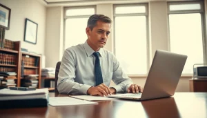 Engaging Atlanta real estate attorney reviewing documents at https://www.atlantarealestateattorney.com in a vibrant office setting.