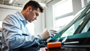 Windshield chip repair Denver by a professional technician in a bright auto shop.