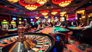 คาสิโนที่มีผู้เล่นสนุกสนานที่โต๊ะเกมในบรรยากาศสดใส