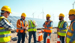 Workers demonstrating skilled labor for energy sector on a renewable energy site.