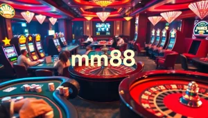 mm88 casino scene showcasing poker tables, vibrant chips, and a roulette wheel, radiating excitement and high stakes.