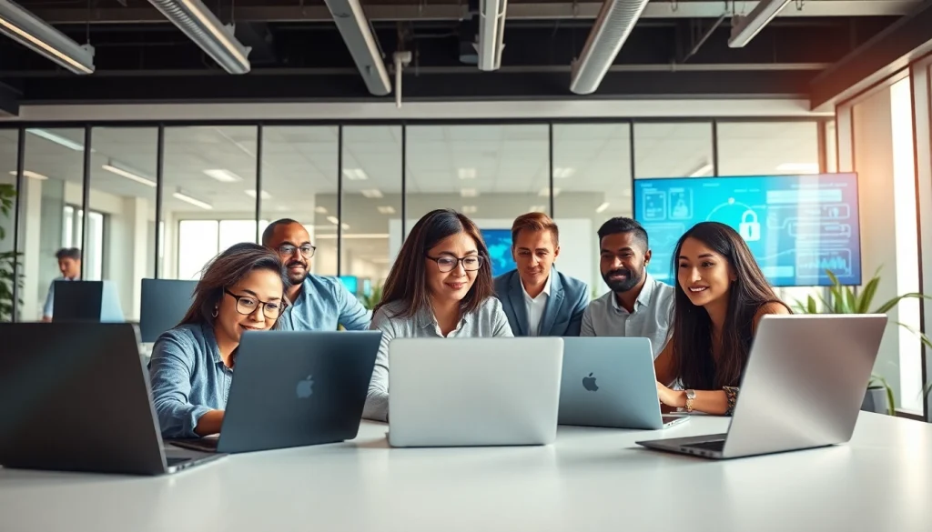 HERO Managed Services Tampa team collaborating in a cybersecurity-focused modern office.