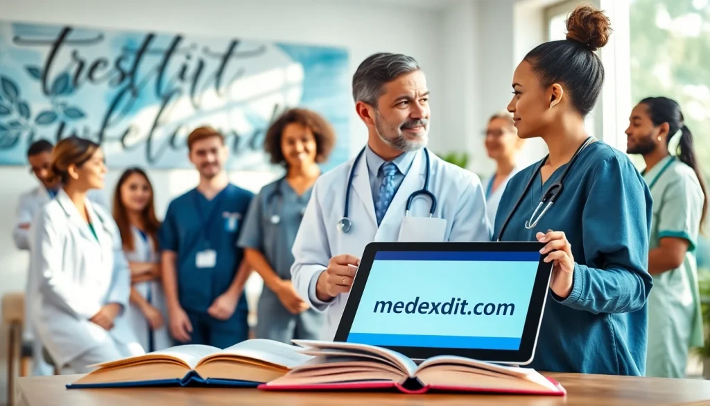 Healthcare professionals interacting warmly while showcasing https://www.medexdtc.com on a tablet.