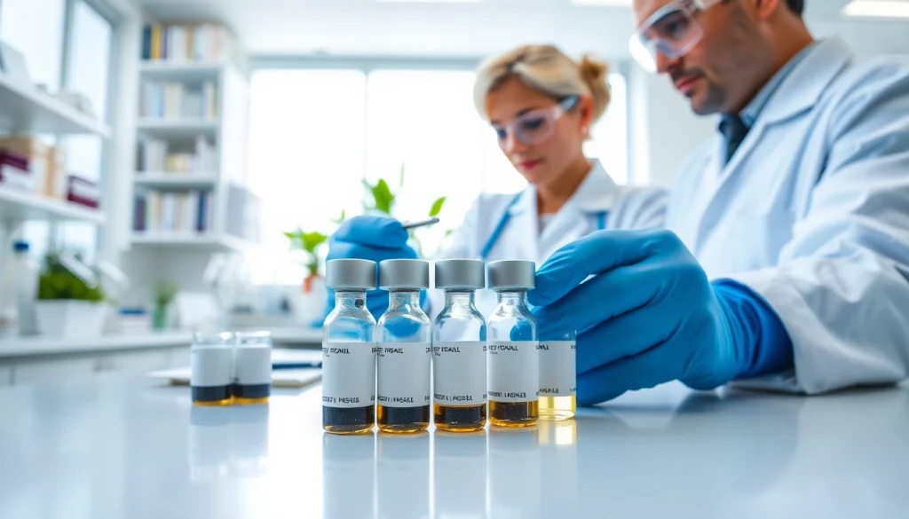 Healthcare professionals buying peptides online in a sterile lab setting, examining peptide vials closely.