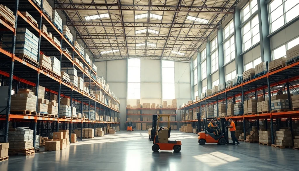 Find a warehouse near me showcasing an organized interior, bright lighting, and active logistics.