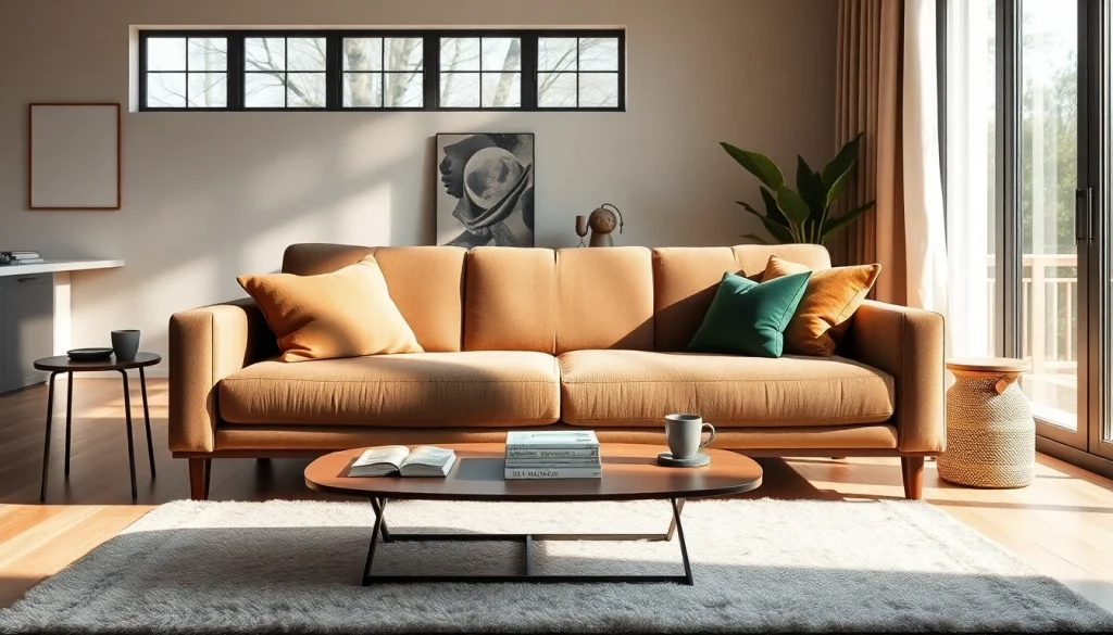 Showcasing a stylish sofa bed in a cozy living room setting, demonstrating comfort and functionality.