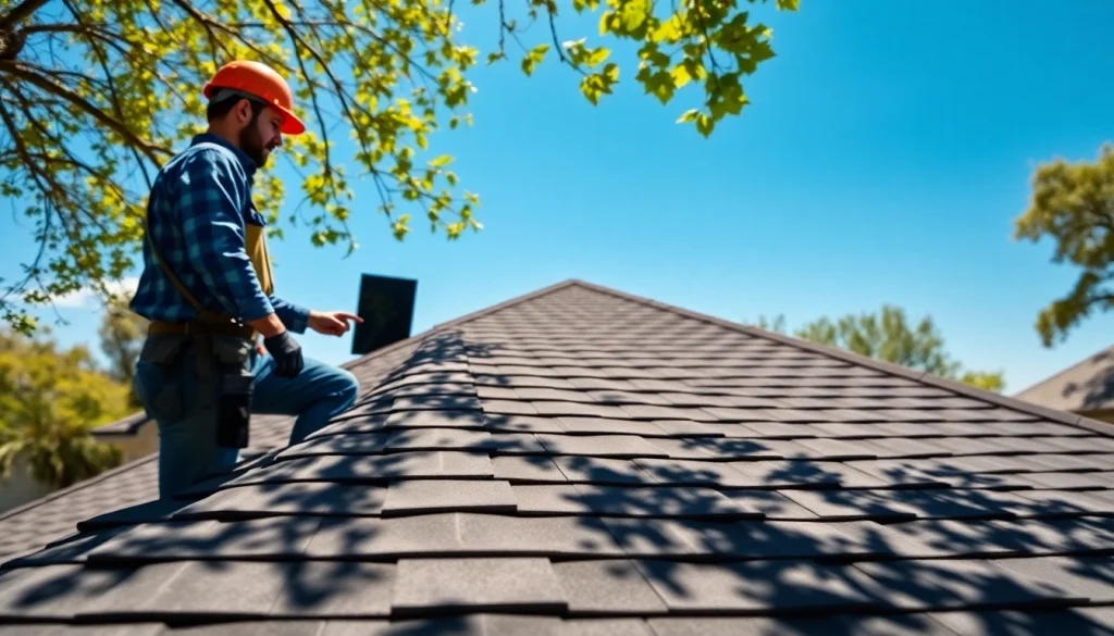 Twin Shield Roofing expert inspecting a quality roof in a well-maintained neighborhood.