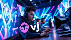 Engaged gamers immersed in action featuring the vj88 logo in a vibrant, competitive setting.