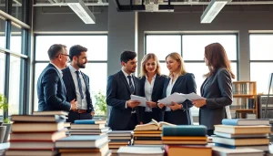 Engaged team of attorneys at https://www.turnpikelaw.com discussing case strategies in a bright office.