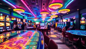 คาสิโนภายในที่มีโต๊ะพนันและเครื่องสล็อตที่เต็มไปด้วยผู้เล่นสนุกสนาน