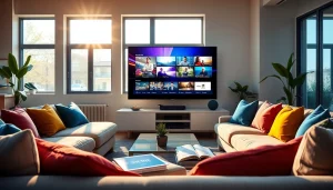 Engaging living room with iron tv pro showcasing vibrant streaming content on a modern smart TV.