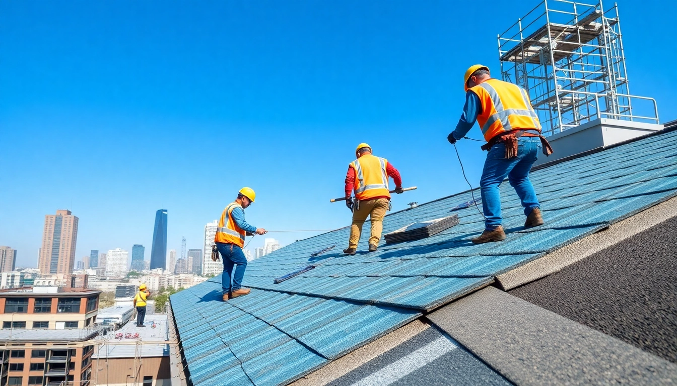 Professionals providing commercial roofing services while installing durable roofing in an urban setting.