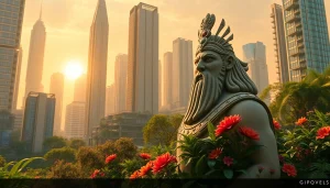 Illustrate the quest for immortality linked to www.trilgameshproject.com with a vibrant cityscape and Gilgamesh figure.