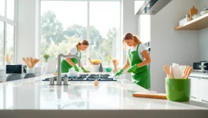 Kitchen deep cleaning Dubai showcasing a professional team sanitizing a modern kitchen, emphasizing cleanliness.