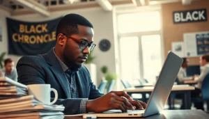 Journalist writing in a modern newsroom for blackchronicle, emphasizing professionalism and dynamism.