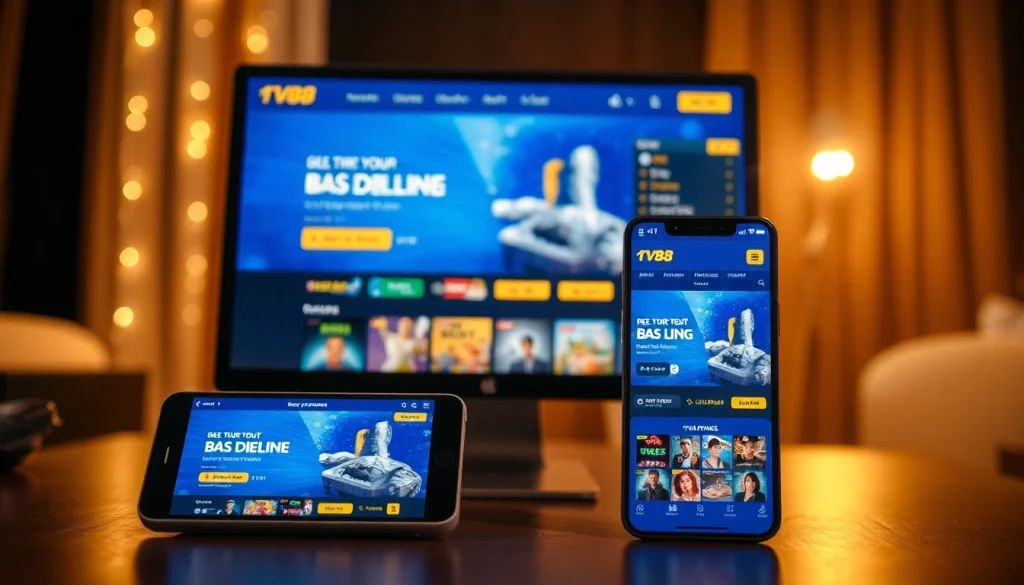 TV88 online betting platform displayed on desktop and mobile, highlighting game variety and promotions.