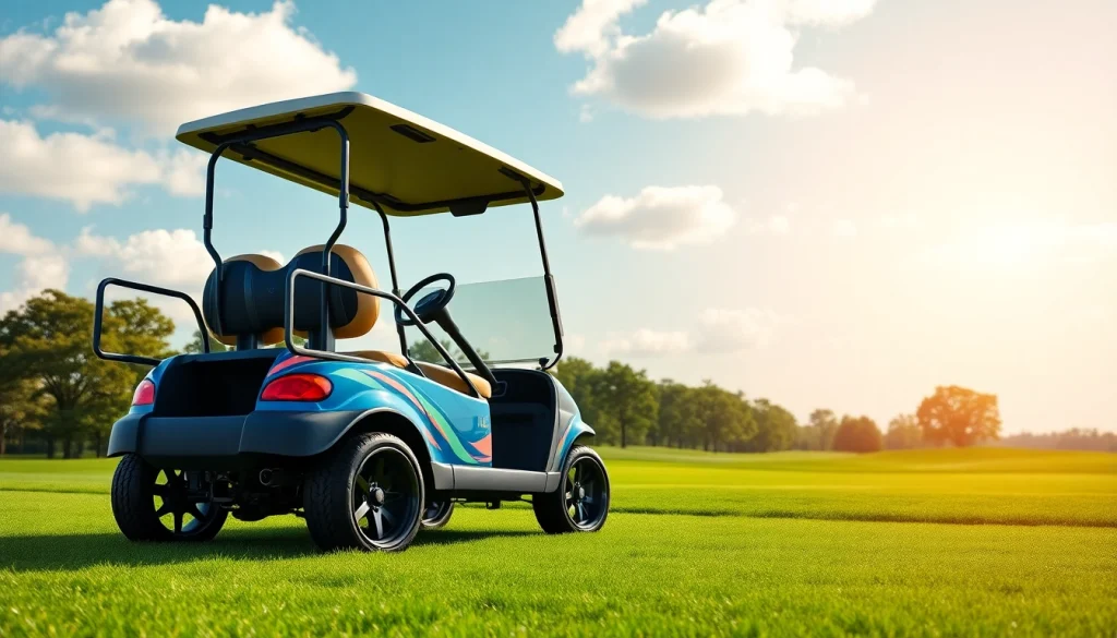 Golf cart customization showcasing a uniquely designed cart on a scenic golf course.