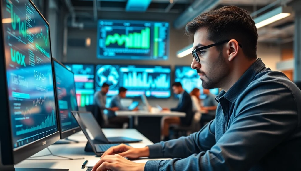 Engineer engaged in data analysis related to das 142 in a modern office setting.