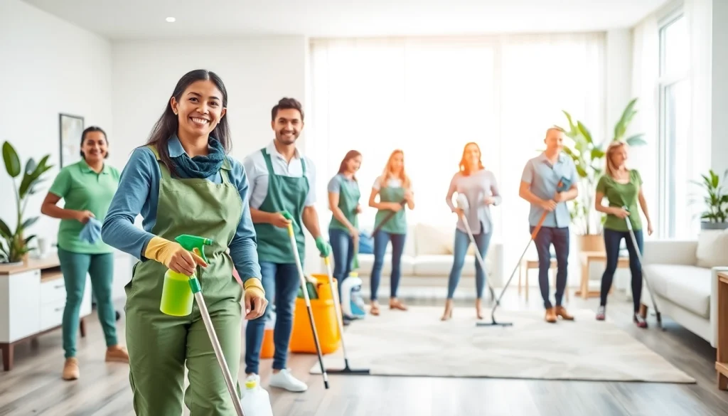 Bright scene of a Cleaning service team deep cleaning a modern living room with eco-friendly products.